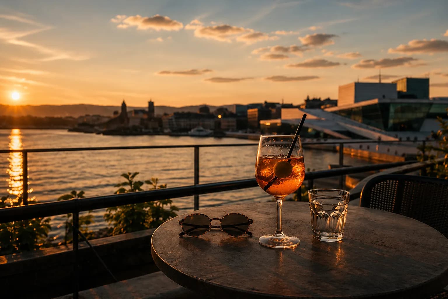 Drinks by the Oslo harbor at golden hour, fjord glowing in late afternoon sun.