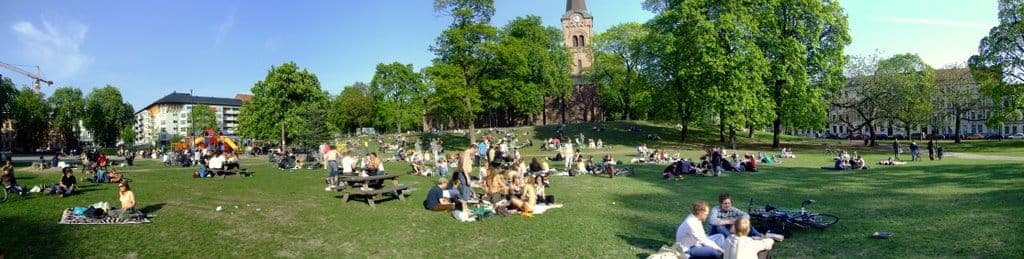 Picnickers on Sofienbergparken's lawn below the church tower